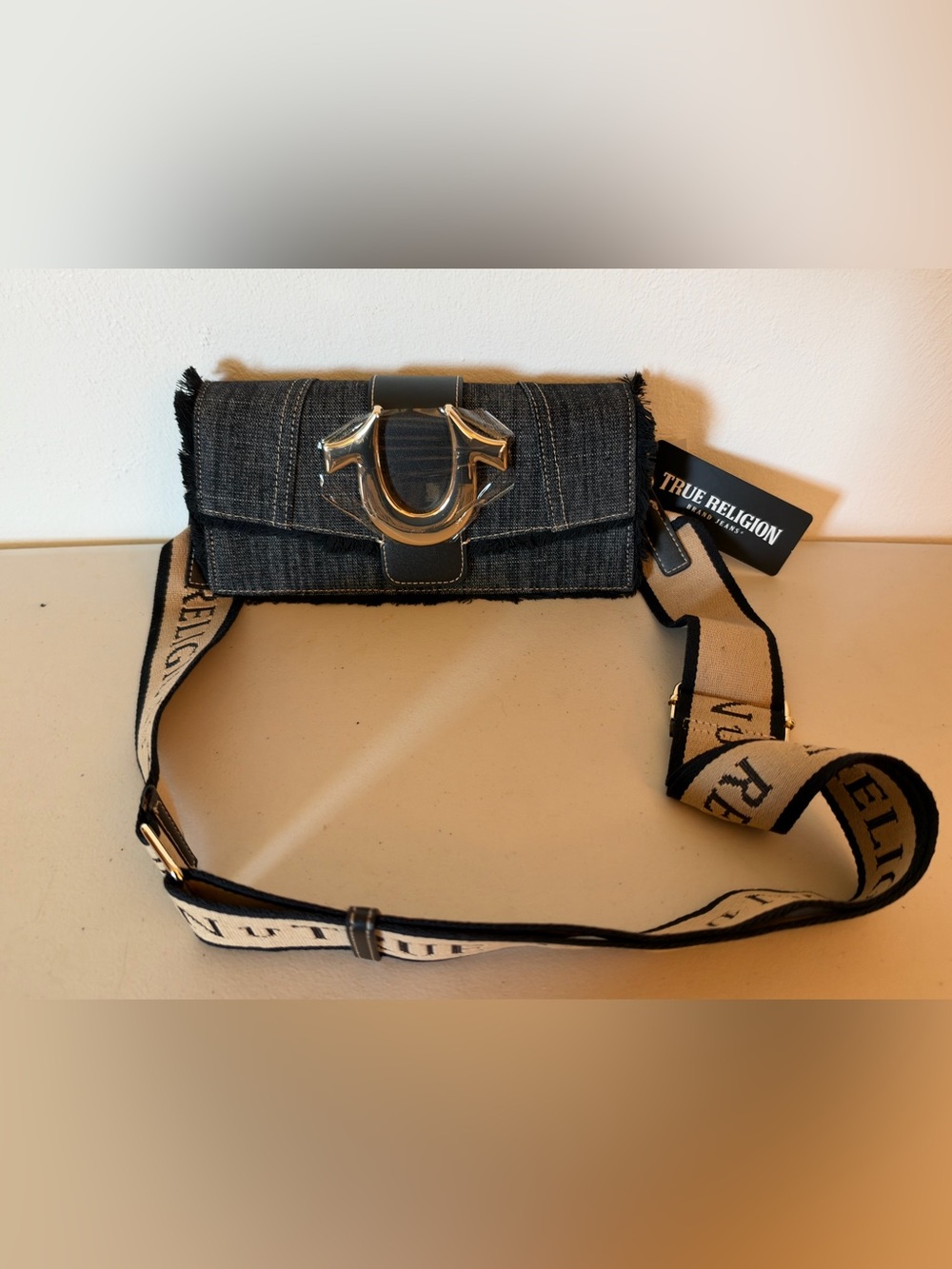 True Religion Black Denim Crossbody with Logo Strap and Silver Hardware